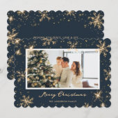 Blue Modern Snowflake Foto Vrolijke Kerst Kaart (Voorkant / Achterkant)