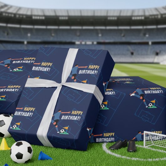 Blue Modern Soccer Happy Birthday Party Cadeaupapier