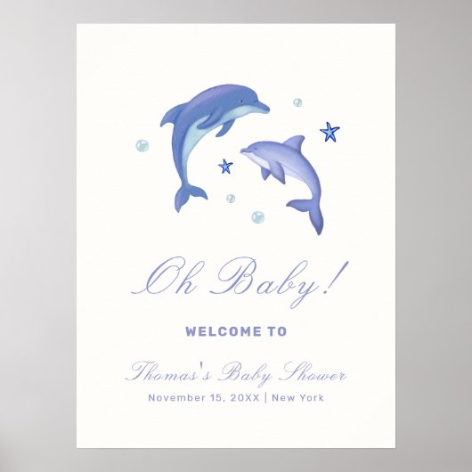 Blue Modern Summer Dolphin Baby shower Welkom Poster (Voorkant)