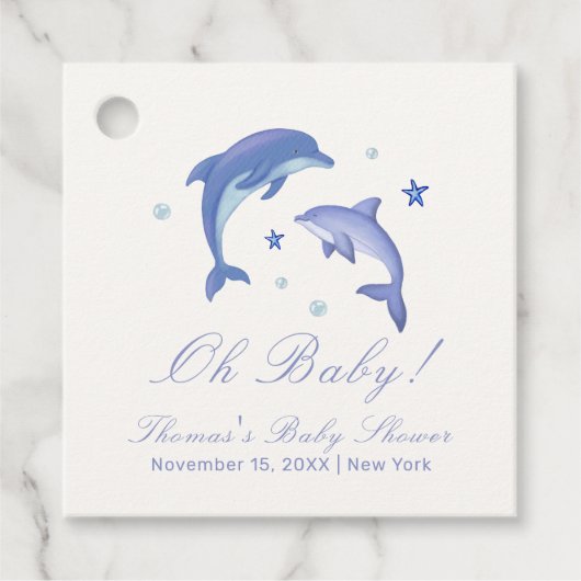 Blue Modern Summer Dolphin Stars Baby shower Bedankjes Labels (Voorkant)