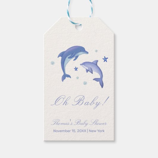 Blue Modern Summer Dolphin Stars Baby shower Cadeaulabel (Voorkant)