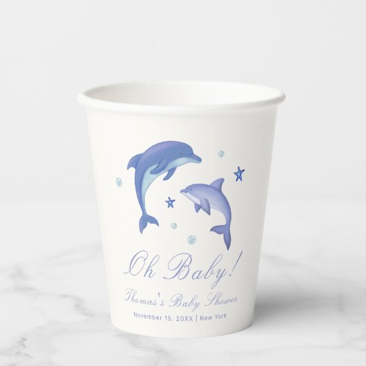 Blue Modern Summer Dolphin Stars Baby shower Papieren Bekers (Voorkant)