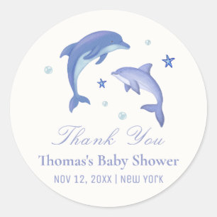 Blue Modern Summer Dolphin Stars Baby shower Ronde Sticker