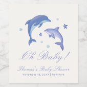 Blue Modern Summer Dolphin Stars Baby shower Wijn Etiket (Enkel label)