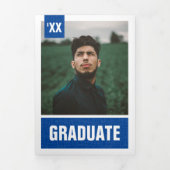 Blue Modern Textured Photo Afstuderen Drieluik Uitnodiging (Cover)