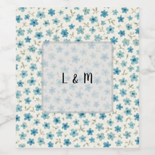 Blue Modern tiny flowers Wijn Etiket (Enkel label)