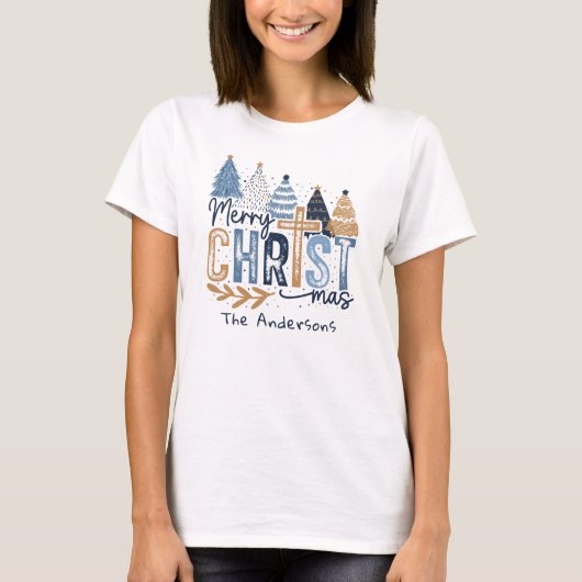 Blue Modern Trees Christelijk Jesus Kerstnaam T-shirt (Voorkant)