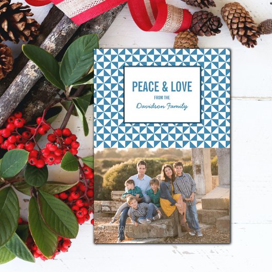 Blue Modern Triangles Holiday Photo Card Kaart