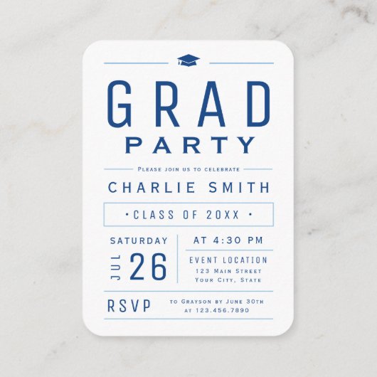 Blue Modern Typography Foto Afstuderen uitnodiging Informatiekaartje (Achterkant)