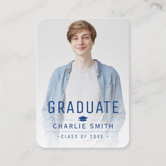 Blue Modern Typography Foto Afstuderen uitnodiging Informatiekaartje (Voorkant)