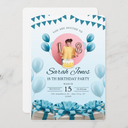 Blue Modern verjaardagsfeest uitnodiging (Voorkant / Achterkant)