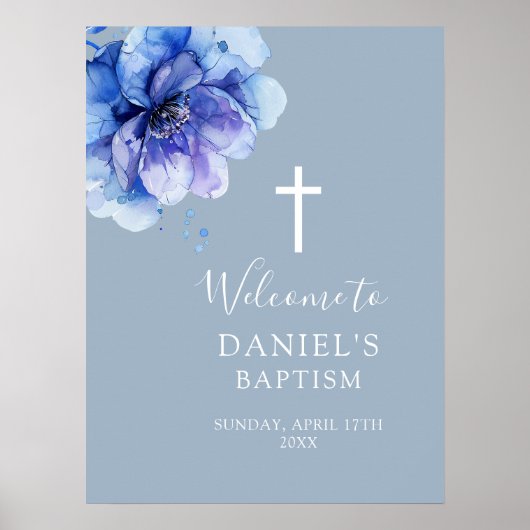 Blue Modern Waterverf Bloemendoop Welkomstbord Poster (Voorkant)