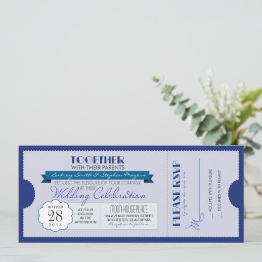 Blue Modern Wedding Ticket uitnodiging (Staand voorkant)