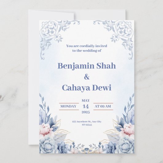 Blue Modern Wedding Uitnodiging (Voorkant)