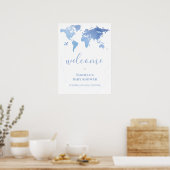Blue Modern Wereldkaart Travel Baby shower Welkom Poster (Keuken)