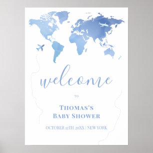 Blue Modern Wereldkaart Travel Baby shower Welkom Poster