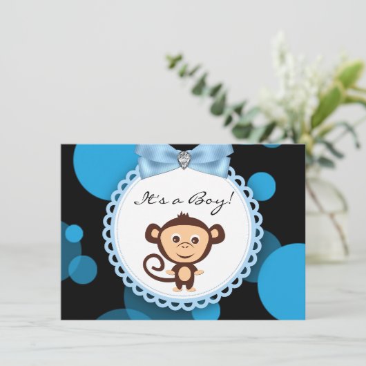 Blue Monkey Baby shower Kaart (Staand voorkant)