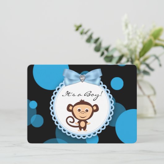 Blue Monkey Baby shower Kaart (Staand voorkant)