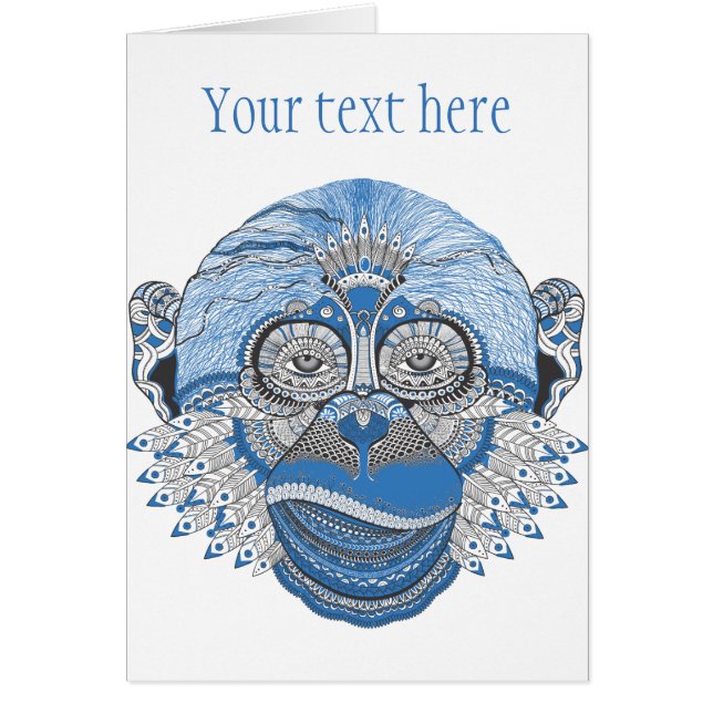Blue Monkey Face met Pattern en Feathers (Voorkant)