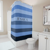 Blue Monochrome striped Pattern Persoonlijke naam Douchegordijn (In situ)