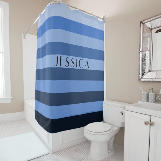 Blue Monochrome striped Pattern Persoonlijke naam Douchegordijn (In situ)