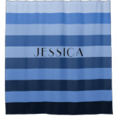 Blue Monochrome striped Pattern Persoonlijke naam Douchegordijn (Voorkant)