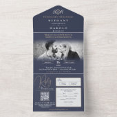 Blue Monogram All in One Wedding Invite Uitnodiging (Binnen)