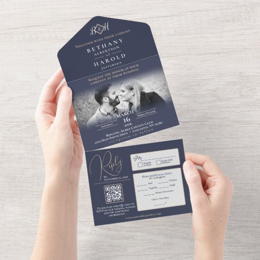 Blue Monogram All in One Wedding Invite Uitnodiging (Afscheurbaar)