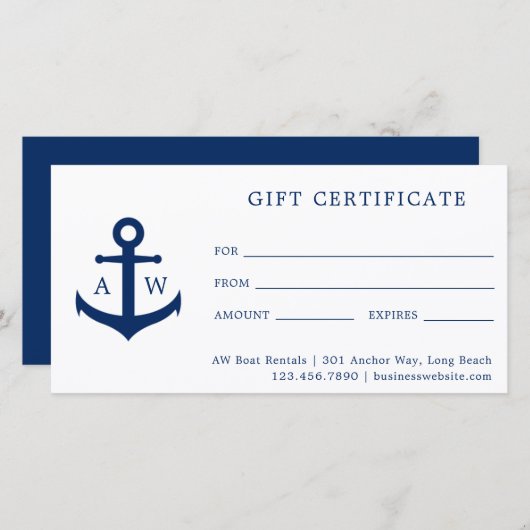 Blue Monogram Anchor Business Cadeaubon (Voorkant / Achterkant)