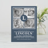 Blue Monogram Baby Boy Birth Announding Kaart (Staand voorkant)