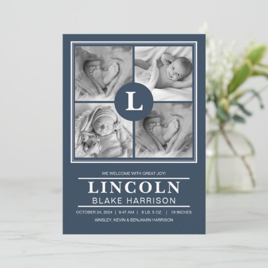 Blue Monogram Baby Boy Birth Announding Kaart (Staand voorkant)