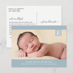 Blue Monogram Baby Boy Foto geboorteaankondiging Briefkaart