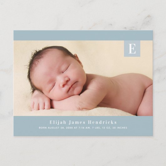 Blue Monogram Baby Boy Foto geboorteaankondiging Briefkaart (Voorkant)