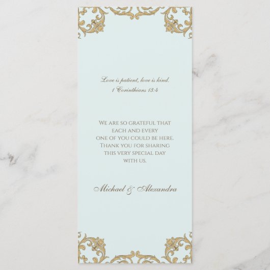 Blue Monogram Baroque Christian Wedding Menu (Achterkant)