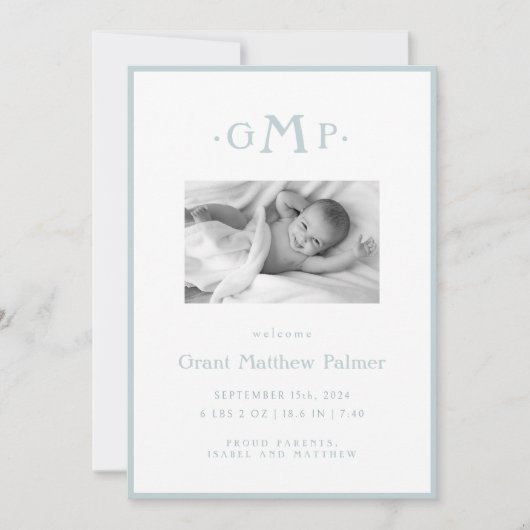 Blue Monogram Boy Baby aangekondigd Aankondiging (Voorkant)