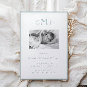 Blue Monogram Boy Baby aangekondigd Aankondiging