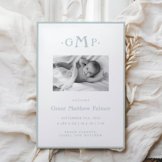 Blue Monogram Boy Baby aangekondigd Aankondiging