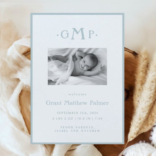 Blue Monogram Boy Baby aangekondigd Aankondiging