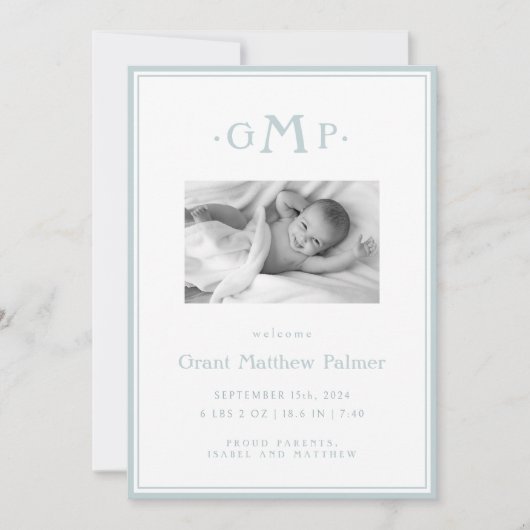 Blue Monogram Boy Baby aangekondigd Aankondiging (Voorkant)