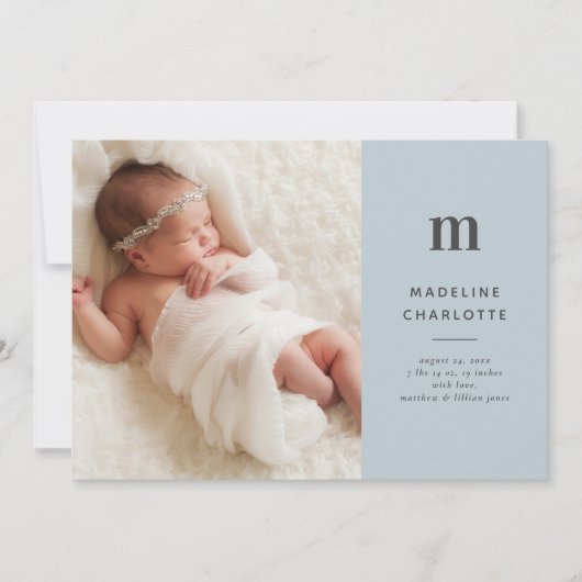 Blue Monogram Classic Baby Boy Foto Birth Aankondiging (Voorkant)