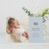 Blue Monogram Classic Baby Boy Foto Birth Aankondiging (Staand voorkant)