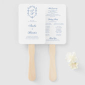 Blue Monogram Crest Formal Script Wedding Program Handwaaier (Voorkant en achterkant)