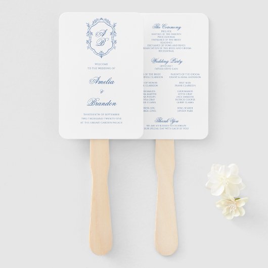 Blue Monogram Crest Formal Script Wedding Program Handwaaier (Voorkant en achterkant)