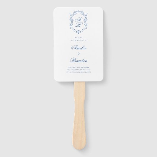 Blue Monogram Crest Formal Script Wedding Program Handwaaier (Voorkant)