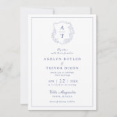 Blue Monogram Crest Wedding Invitation Kaart (Voorkant)