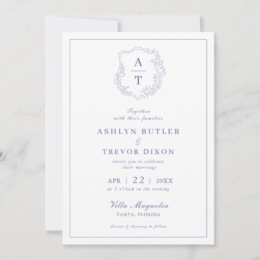 Blue Monogram Crest Wedding Invitation Kaart (Voorkant)