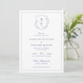 Blue Monogram Crest Wedding Invitation Kaart (Staand voorkant)