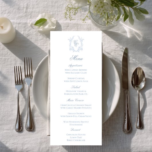 Blue Monogram Crest Wedding Reception Menu Card