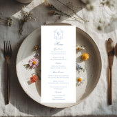 Blue Monogram Crest Wedding Reception Menu Card