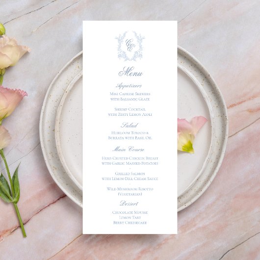 Blue Monogram Crest Wedding Reception Menu Card